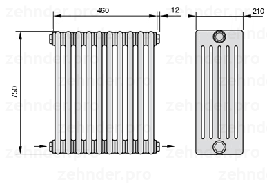 Схема (чертеж) Радиатор Zehnder Charleston 6075/10 №2670 Белый глянцевый RAL 9016